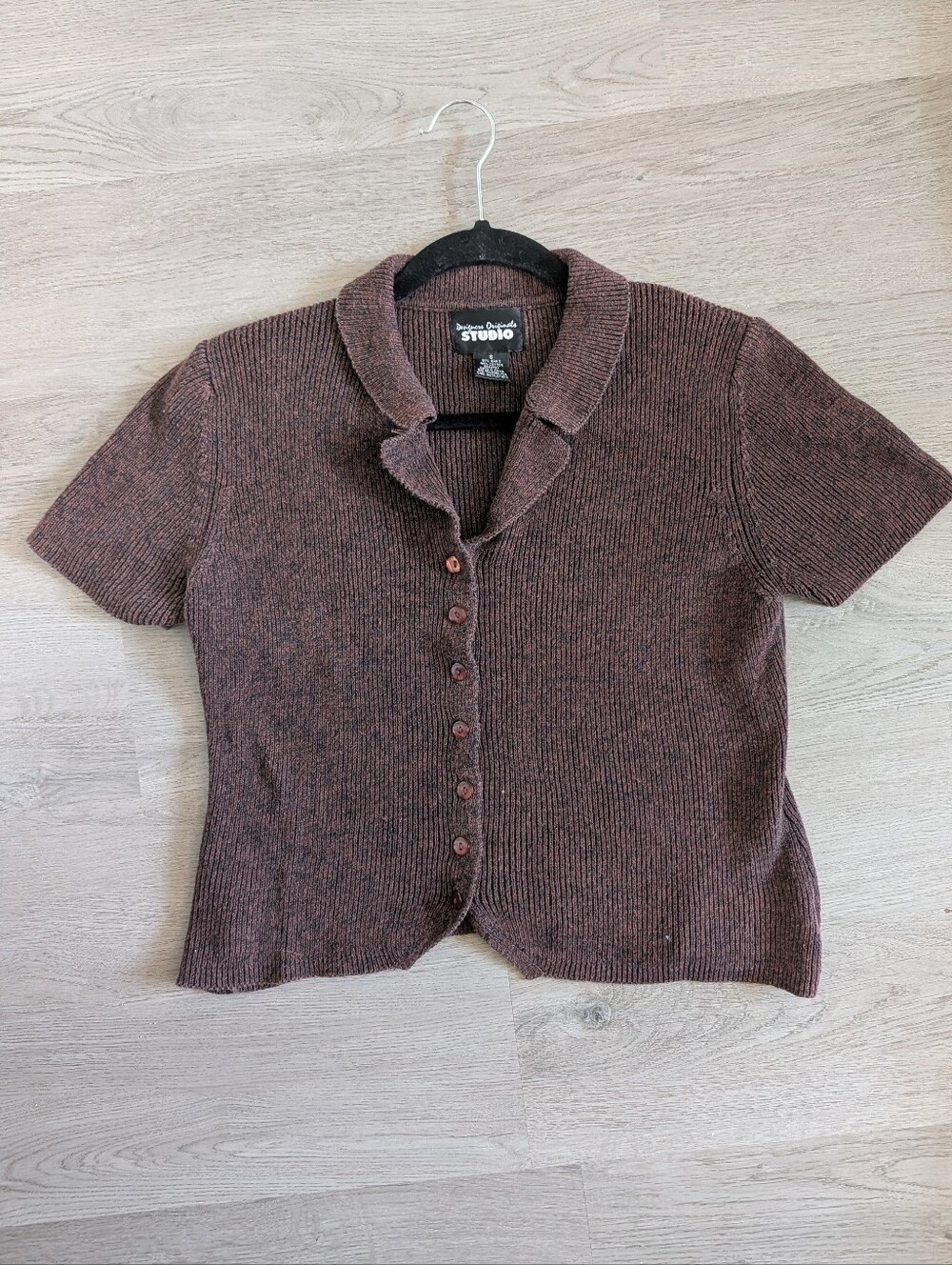 Vintage 90s Designers Originals Brown Ribbed Knit Short Sleeve Cardigan Top S - Picture 6 of 8